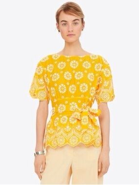Tory Burch Yellow Embroidered Eyelet Top Size 14